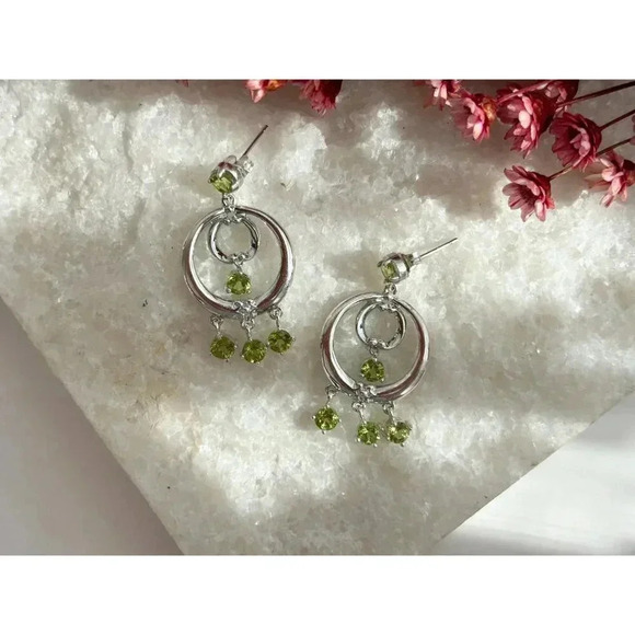 Sterling Silver Green Rhinestone Chandelier Style Hoop Boho Retro Earrings - Picture 7 of 10